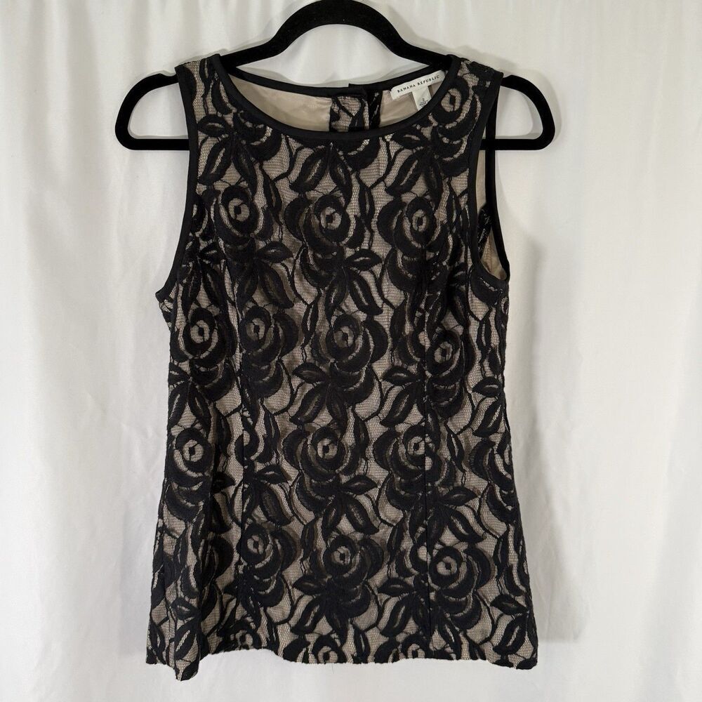 Banana Republic Blouse Women's 2 Black Floral Overlay Sleeveless Button Back
